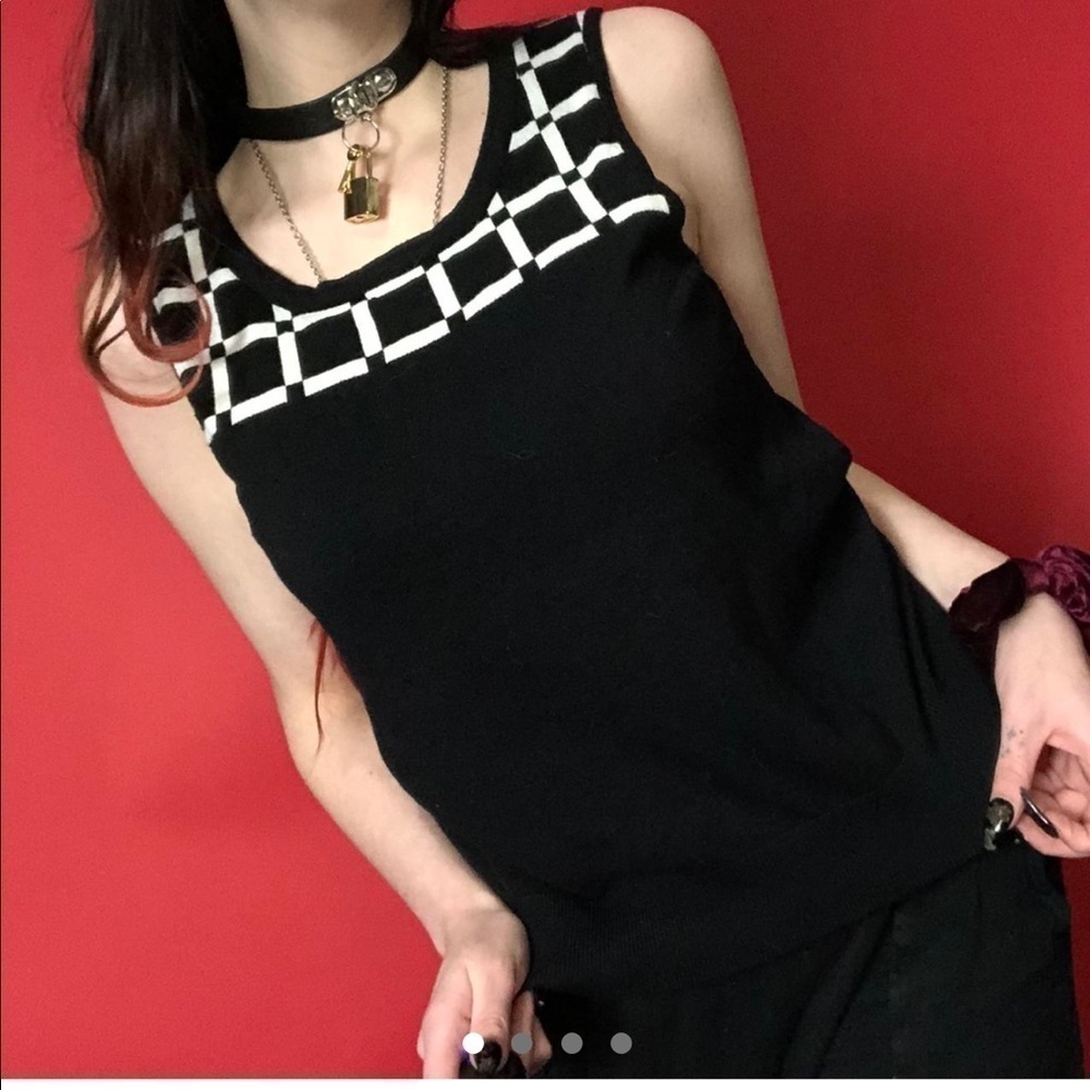 lack Cable and gauge sweater vest with white checkers on the top. 🖤🤍‌‌‌‌‍‍‍‍‍‍